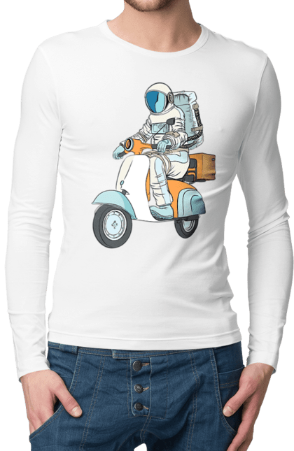 Чоловічий лонгслів з принтом "Космонавт на мотоциклі". Космонавт, космос, мотоцикл. 2070702