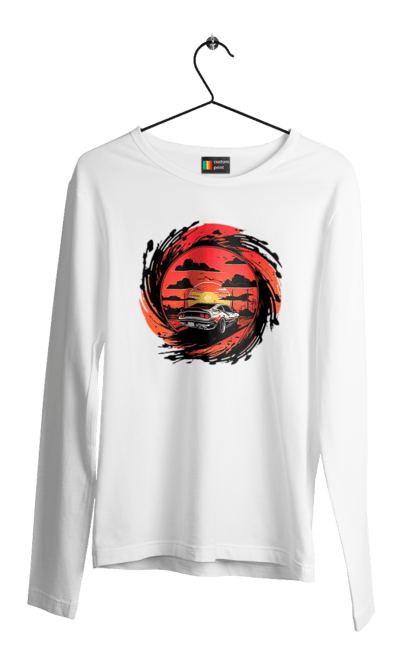 Чоловічий лонгслів з принтом "Феррарі на заході сонця". Авто, автомобіль, машини, феррарі. 2070702