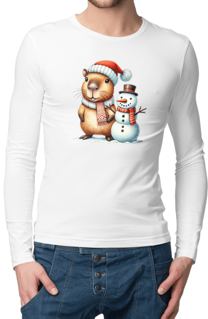 Men's longsleeve with prints Capybara and Snowman. Animal, capybara, christmas, christmas capybara, gift, holiday, new year, new year`s gift, santa, snowman. 2070702