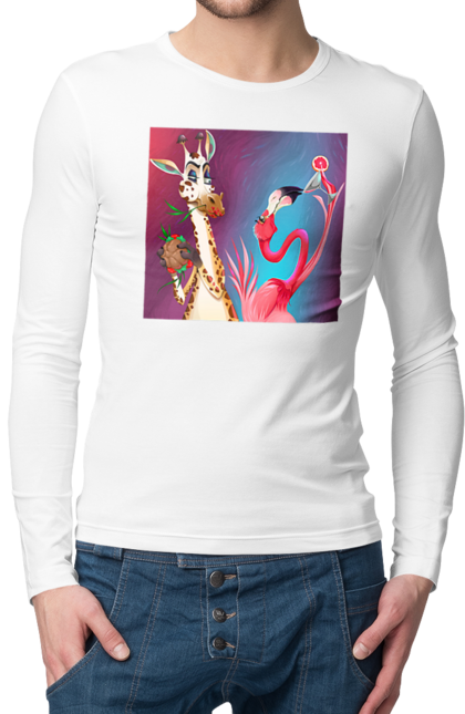 Чоловічий лонгслів з принтом "Жираф І Фламінго На Вечірці". Жираф, їжа, коктейль, фламінго. 2070702