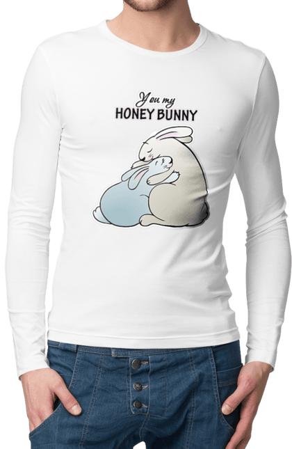 Чоловічій лонгслів з принтом "Зайки You My Honey Bunny". День закоханих, для дівчини, для хлопця, дружині, зайці, коханій, кохання, коханому, кролик, обнімашкі, пара, сім`я, чоловікові. CustomPrint.market