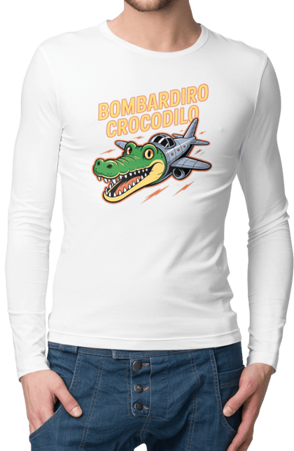 Чоловічий лонгслів з принтом "Bombardino Crocodilo". Bombardino, bombardino crocodilo, crocodilo, бомбардиро крокодило, бомбардіно крокоділо, крокодил, крокодил літак, крокодил мем, мем бомбардине крокодило, меми. 2070702