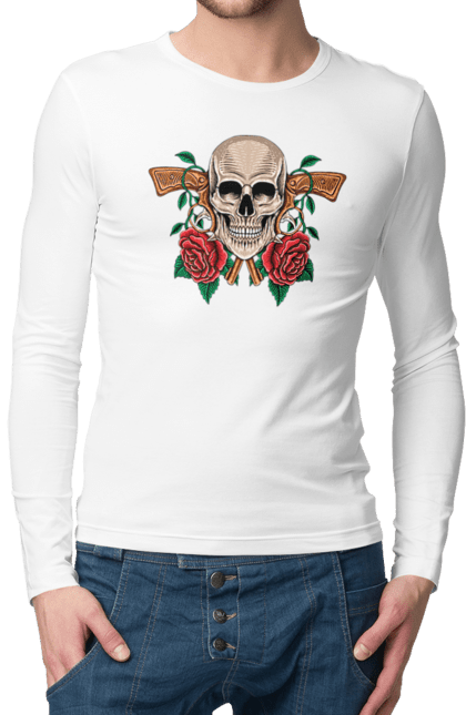 Men's longsleeve with prints Skull with roses. Bones, eyes, flowers, gun, leaves, rose flower, scull, spikes, teeth. 2070702