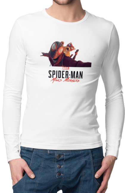 Чоловічій лонгслів з принтом "Людина Павук Майлз Моралес". Кіт людини павука, людина, людина павук, майлз моралес, павук. CustomPrint.market
