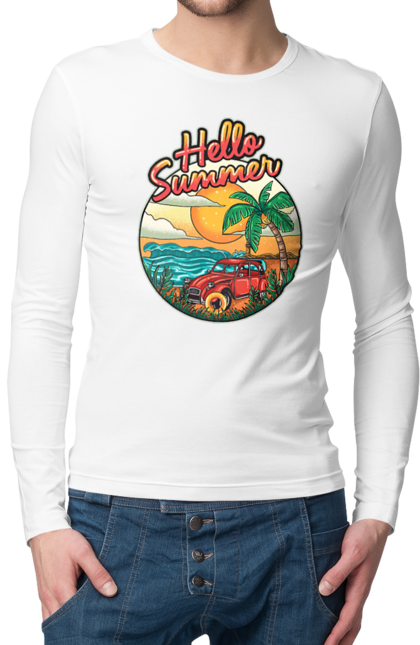 Чоловічий лонгслів з принтом "Привіт Літо, Машина Біля Моря". Літо, машина, острів, пальма, пляж. 2070702