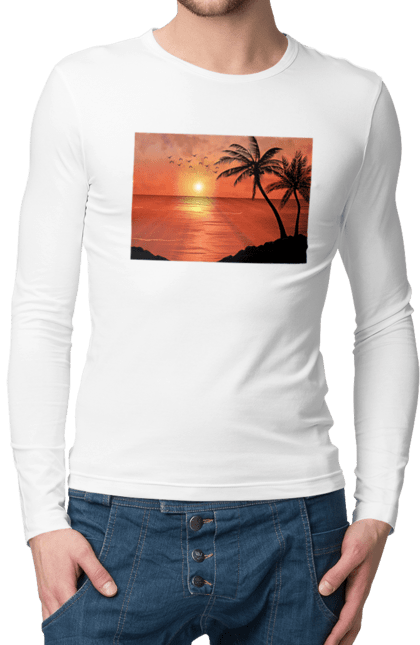 Чоловічий лонгслів з принтом "Захід Пальми Море". Берег, захід, море, пальми. 2070702
