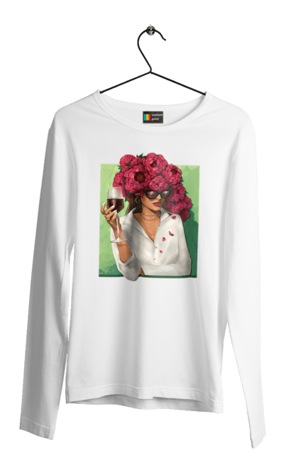 Чоловічий лонгслів з принтом "Дівчина з півоніями та келихом". Вино, дівчина, квітка, келих, літо, окуляри, півонії, сорочка. 2070702