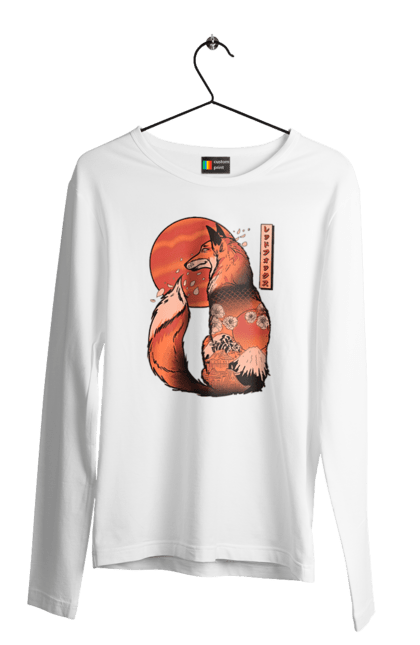 Men's longsleeve with prints Kitsune. Animal, cherry blossoms, flowers, fox, great wave, japan, japanese, kitsune, mount fuji, red fox. 2070702