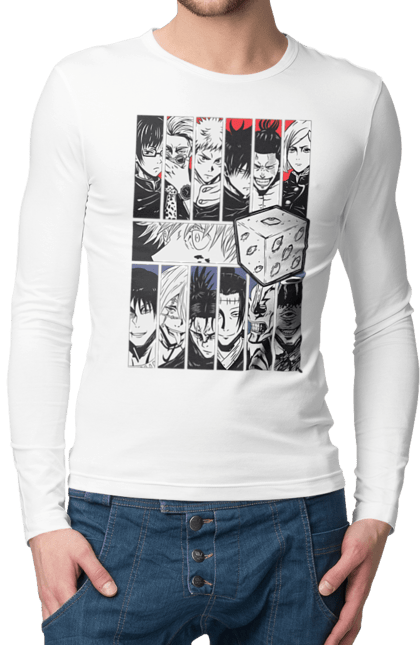 Men's longsleeve with prints Jujutsu Kaisen. Anime, dark fantasy, gojo, jujutsu kaisen, magic battle, manga, mystic. 2070702