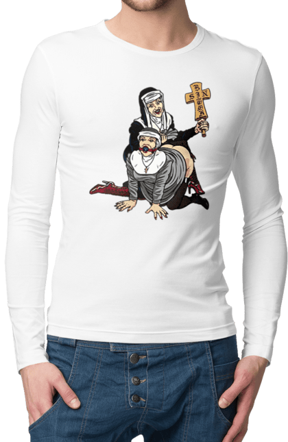 Чоловічий лонгслів з принтом "Монашки БДСМ". Бдсм, крута, модна, молодіжна, плескає по дупі, рок, рольові ігри, черниці бдсм, черницю, черниця. 2070702