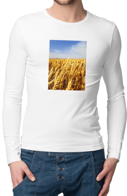 Чоловічий лонгслів з принтом "Україна". Голубизна, красота, небо, поле, природа, пшеница. 2070702
