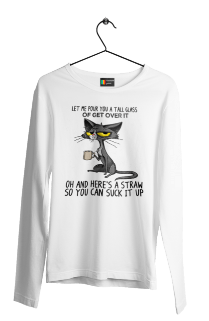 Men`s longsleeve with prints How to survive it?. Cat and mug, drink, everything is fine, go fuck yourself, large glass, meditation, pour, suck. 2070702