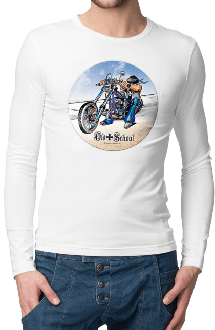 Мужской лонгслив с принтом Old school. Авто мото, испольнители, мотоцикл, музыкальная группа, рок группа, старая закалка. 2070702