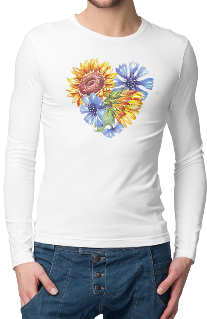 Чоловічий лонгслів з принтом "Серце соняшники та фіалки". Квіти, люблю україну, любов, серце, соняшник, україна, фіалки. 2070702