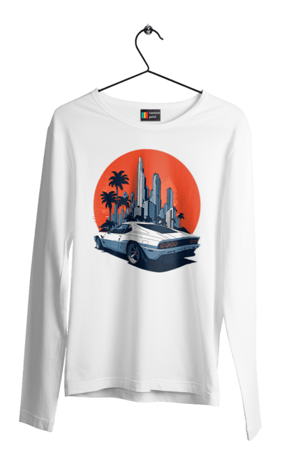 Чоловічий лонгслів з принтом "Авто". Гонка, захід сонця, спортивний автомобіль, швидкість. 2070702