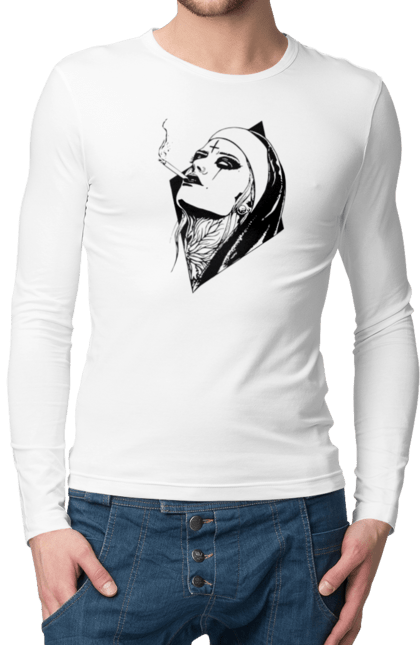 Men`s longsleeve with prints Nun. Cigarettes, cool, girl, tattoo. 2070702