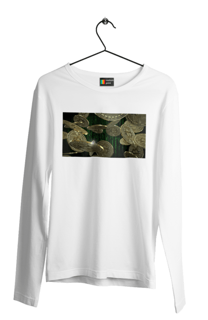 Чоловічий лонгслів з принтом "Біткойн". Багатство, біткойн, валюта, гроші, криптовалюта, курс, майнінг, матриця, монета, розкіш, цифровий світ. 2070702