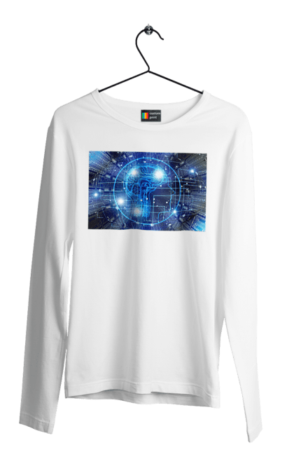 Чоловічий лонгслів з принтом "Штучний інтелект". Айті, айтішник, гік, знання, інженер, інтелект, кібер, кібернетика, кіборг, код, комп, комп`ютерник, кристал, машинне навчання, мікросхема, мозок, портрет, програміст, професіонал, професія, розробник, розум, хакер, чіп, штучний інтелект, штучний розум. 2070702