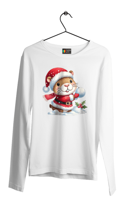 Men's longsleeve with prints Capybara playing snowballs. Animal, capybara, christmas, christmas capybara, game, gift, holiday, new year, santa, snowballs. 2070702