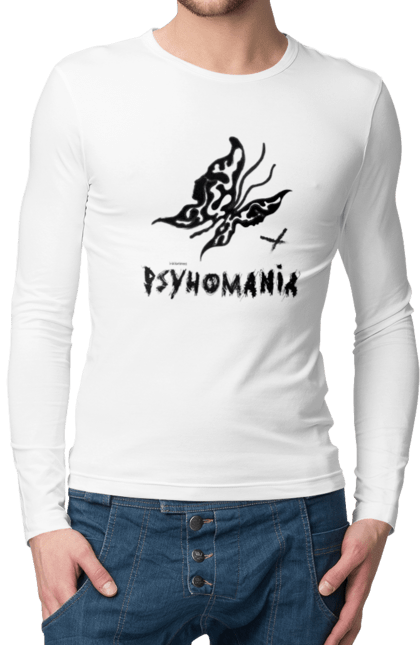 Чоловічій лонгслів з принтом "Psyhomania Black". Psyho, готика, гранж, графіті, малюнок, метелик, психо, рок, хіпі. CustomPrint.market
