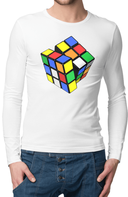 Чоловічій лонгслів з принтом "Кубик Рубика". Головоломка, гра, дозвілля, іграшка, кубик, кубик рубика, різнокольоровий, розвага, рубик, рубика, яскравий. KRUTO.  Магазин популярних футболок