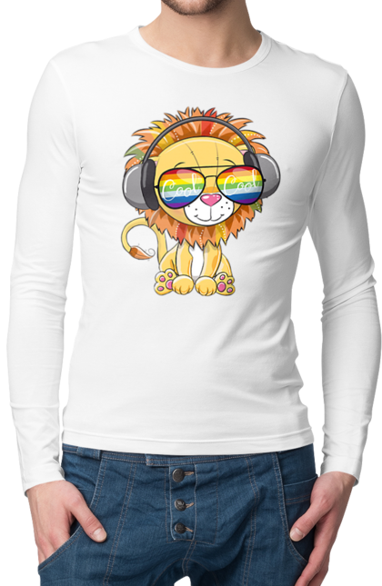 Чоловічий лонгслів з принтом "Левеня В Окулярах І Навушниках". Лев, левеня, навушники, окуляри. 2070702