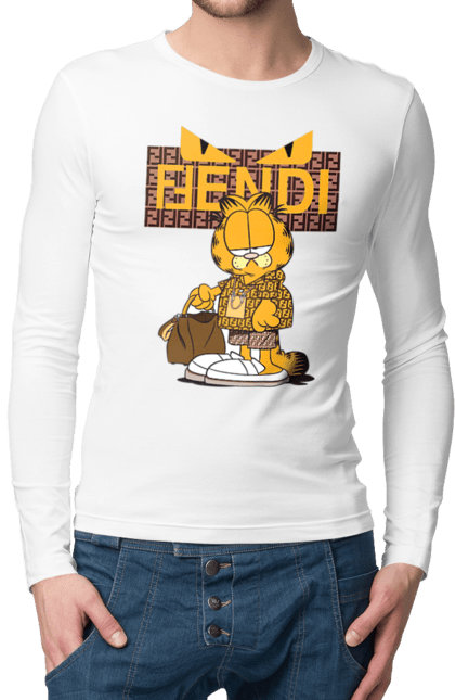 Чоловічій лонгслів з принтом "Fendi Гарфілд". Fendi, garfield, бренд, будинок моди, гарфілд, італія, люкс, мода, сумка, фенді. 2070702