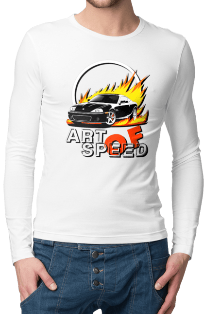 Чоловічий лонгслів з принтом "Автомобіль у вогні". Авто, автомобіль у вогні, гонка, дрейф, спорт, спортивна машина, швидкість. 2070702