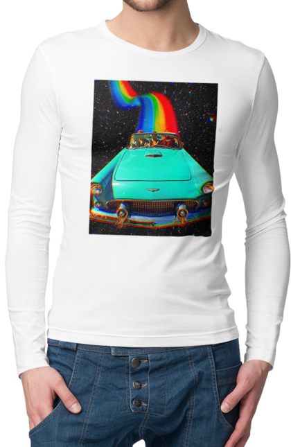 Чоловічий лонгслів з принтом "Картина, машина у космосі". Веселка, картина, космос, машина, подорожі, поїздка, прикол, ретро. 2070702