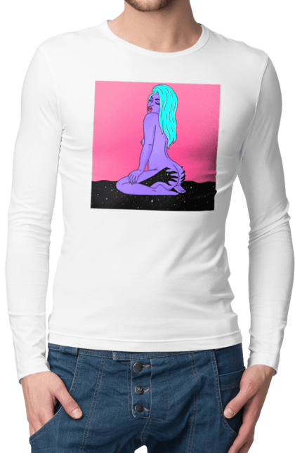 Чоловічий лонгслів з принтом "Фіолетова Дівчина В Руках". Дівчина, інопланетянка, сидить. 2070702