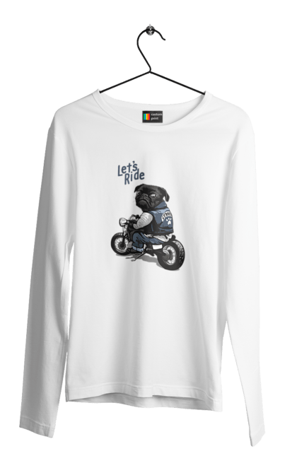Чоловічий лонгслів з принтом "Мопс на мотоциклі". Байкер, мопс, мотоцикл, собака, тварини. 2070702