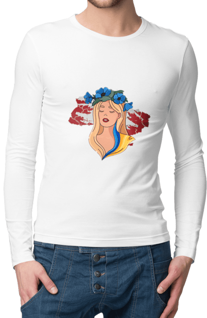 Men`s longsleeve with prints Girl on the map of Ukraine. Blue, flag, flowers, girl, girl on the map, map of ukraine, red, ukraine, yellow. 2070702