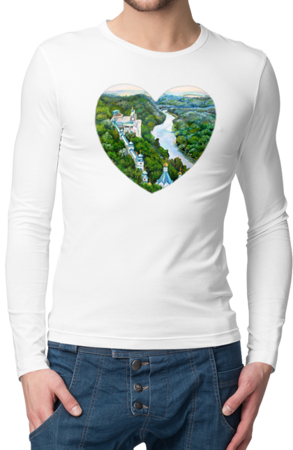 Men`s longsleeve with prints Святогорская лавра. Church, donetsk region, forest, landscape, monastery, river, svyatogorsk, ukraine. 2070702