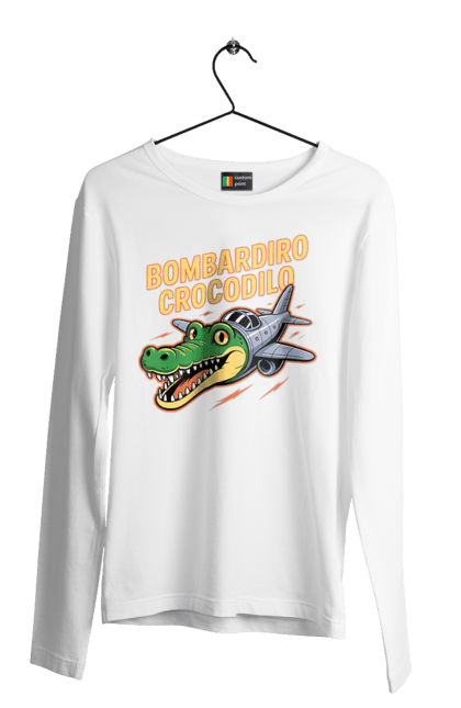 Чоловічий лонгслів з принтом "Bombardino Crocodilo". Bombardino, bombardino crocodilo, crocodilo, бомбардиро крокодило, бомбардіно крокоділо, крокодил, крокодил літак, крокодил мем, мем бомбардине крокодило, меми. 2070702