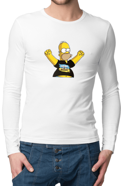 Men`s longsleeve with prints Simpson and the Russian ship. Homer, homer simpson, patriot, russian ship, ship brand, simpson, ukraine, victory, war. 2070702