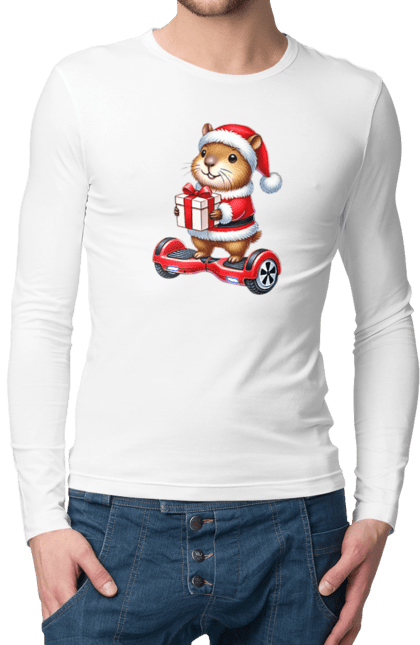 Men's longsleeve with prints Christmas Capybara with a Gift. Animal, capybara, christmas, christmas capybara, gift, holiday, new year, new year`s gift, santa. 2070702