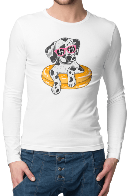 Men`s longsleeve with prints Dalmatian Swims In A Circle. Dalmatian, dog, glasses, to swim. 2070702