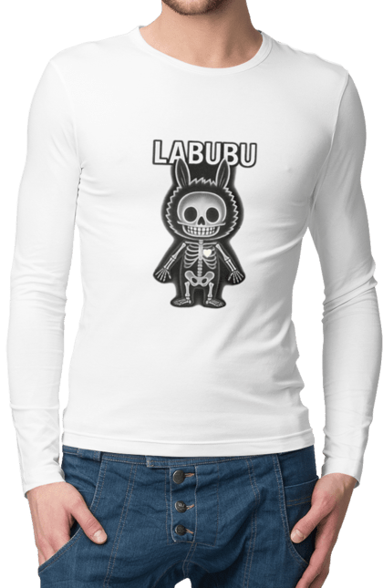 Чоловічий лонгслів з принтом "Лабубу". Анатомія, кістки, лабубу, миложутко, мінімалізм, рентген, серце` що світиться, скелет, череп, чорнобіле. 2070702
