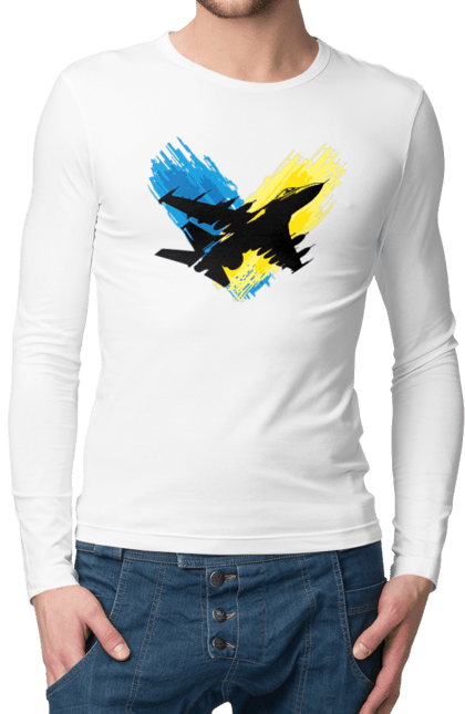 Чоловічий лонгслів з принтом "Літак F 16". З прапором, зсу, літак, літак f16, патріотична, прапор, ф16. 2070702