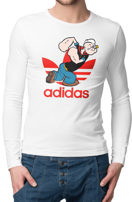 Men's longsleeve with prints Adidas Popeye the Sailor. Adidas, cartoon, comics, popeye the sailor, sailor, serial. 2070702