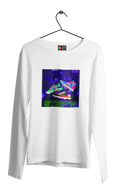 Чоловічий лонгслів з принтом "Step`n". Віртуальні кросівки, крипта, криптовалюти, нфт, нфт кросівки, солана, степен. 2070702