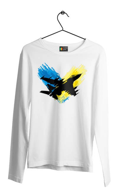 Чоловічий лонгслів з принтом "Літак F 16". З прапором, зсу, літак, літак f16, патріотична, прапор, ф16. 2070702