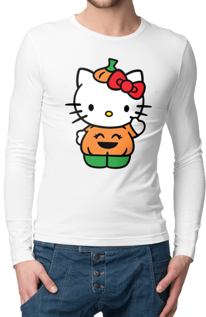 Чоловічій лонгслів з принтом "Хелло Кітті Хелловін". Halloween, hello kitty, бренд, гарбуз, кошеня, персонаж, хелло кітті, хелловін. 2070702