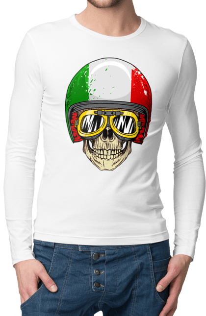 Чоловічий лонгслів з принтом "Череп в мотошоломі". Мото, окуляри, череп, шолом. 2070702