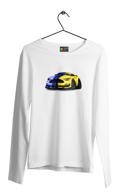 Чоловічий лонгслів з принтом "Український мустанг". Жовто блакитне авто, кольори україни, машина, мустанг, суперкар, форд мустанг, шелбі. 2070702