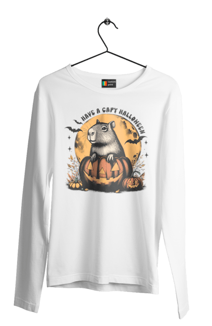 Чоловічій лонгслів з принтом "Капібара Хелловін". Capybara, halloween, водосвинка, гарбуз, гризун, капібара, місяць, свято, тварина, хелловін. 2070702