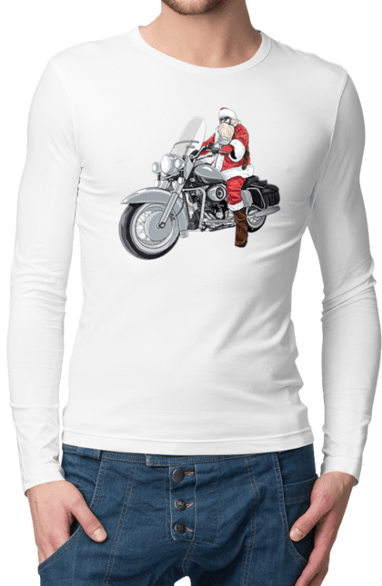Чоловічий лонгслів з принтом "Санта На Мотоциклі". Мотоцикл, новий рік, санта, свято. 2070702