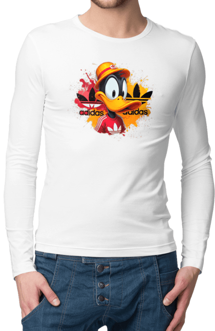 Мужской лонгслив с принтом Даффи Дак Adidas. Adidas, daffy duck, looney tunes, merrie melodies, warner brothers, даффи дак, мультфильм, персонаж, утка даффи. 2070702