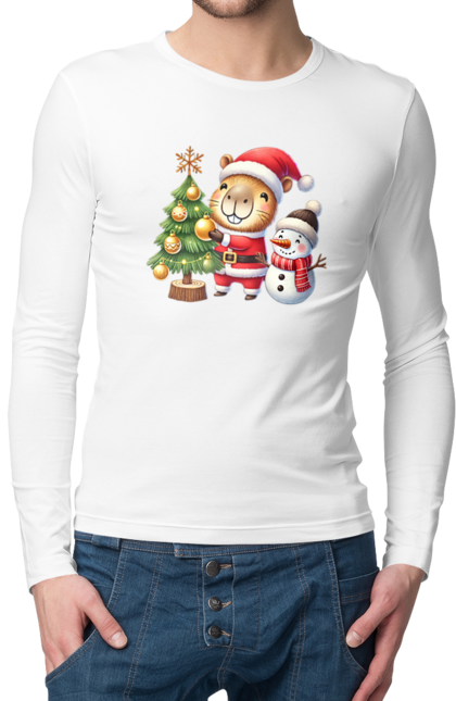 Men's longsleeve with prints Christmas Capybara with a Tree. Animal, capybara, christmas, christmas capybara, christmas tree, gift, holiday, new year, new year`s gift, santa. 2070702