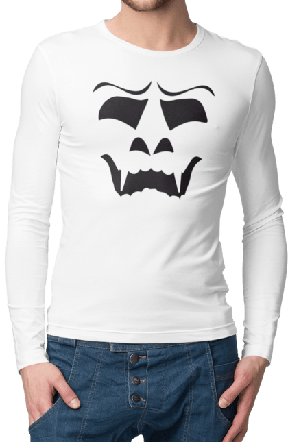 Men's longsleeve with prints Halloween pumpkin face. Costume, halloween, holiday, october, october 31, pumpkin, scary, sweets, trick or treat. 2070702